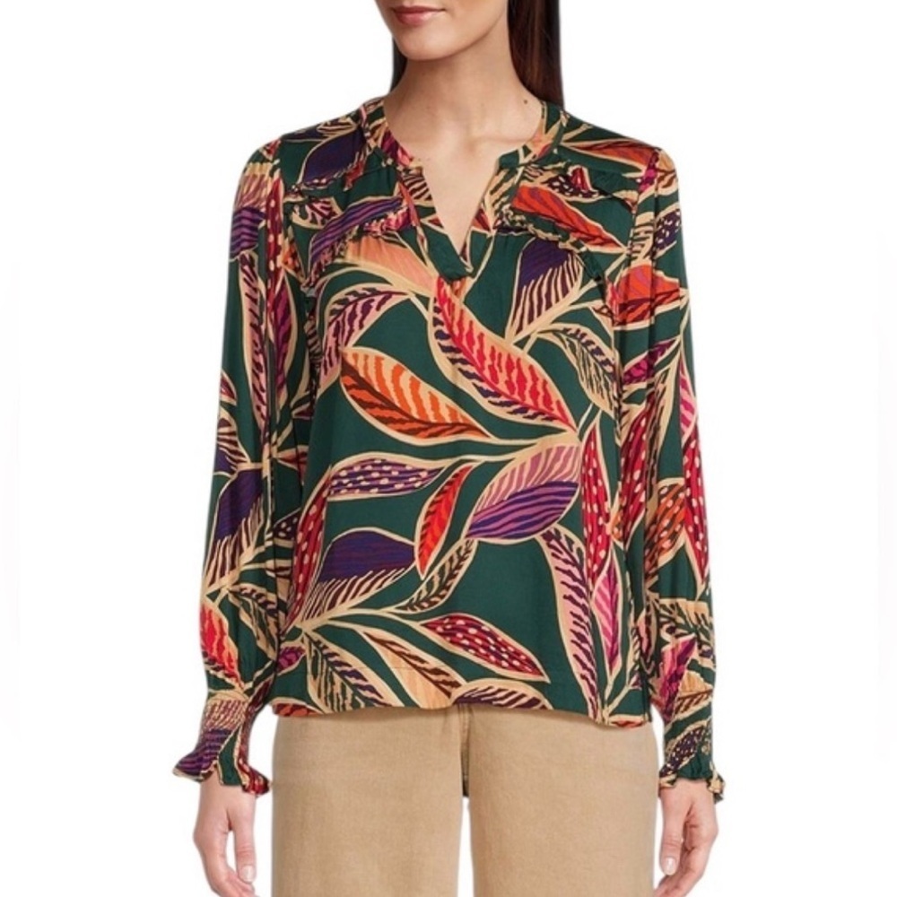 Democracy Green and Multicolor Leaf Print Blouse